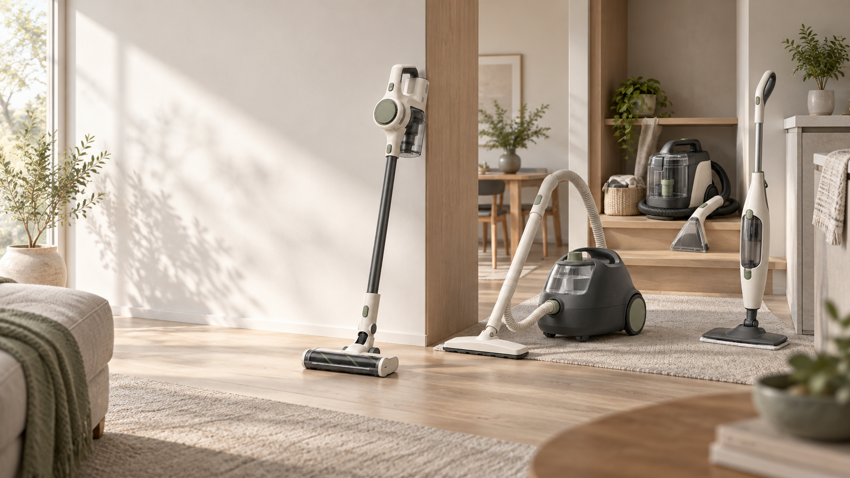 Considered home cleaning tools arranged in naturally lit rooms